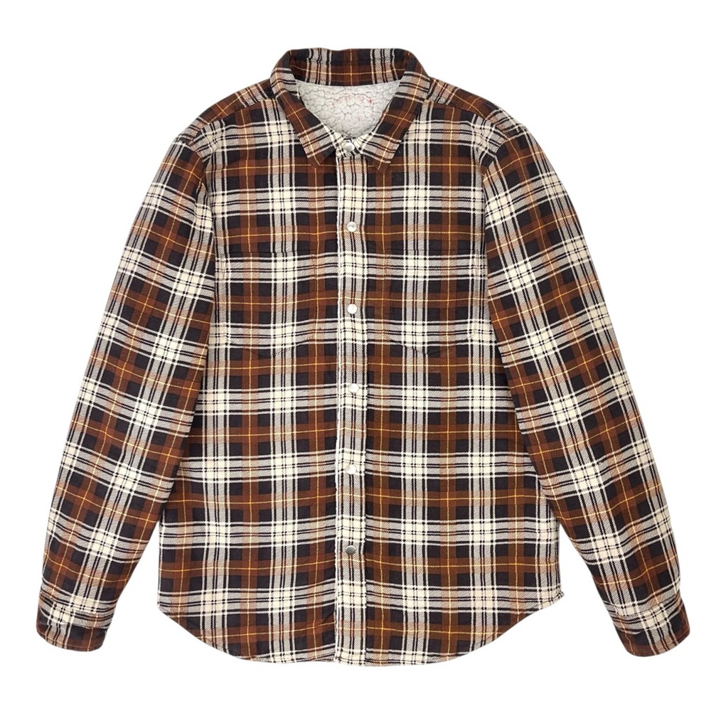 SUPREME Brown Plaid Fleece Lined Snap Button Overshirt Flannel Shirt Jacket